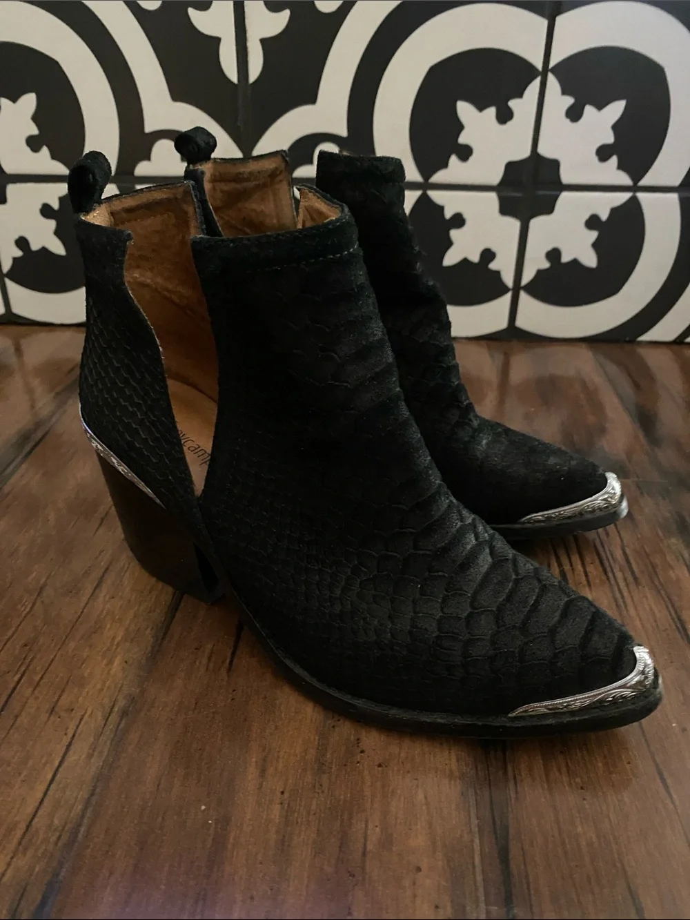 Jeffrey Campbell Black Textured Western Booties with Silver Toe Caps